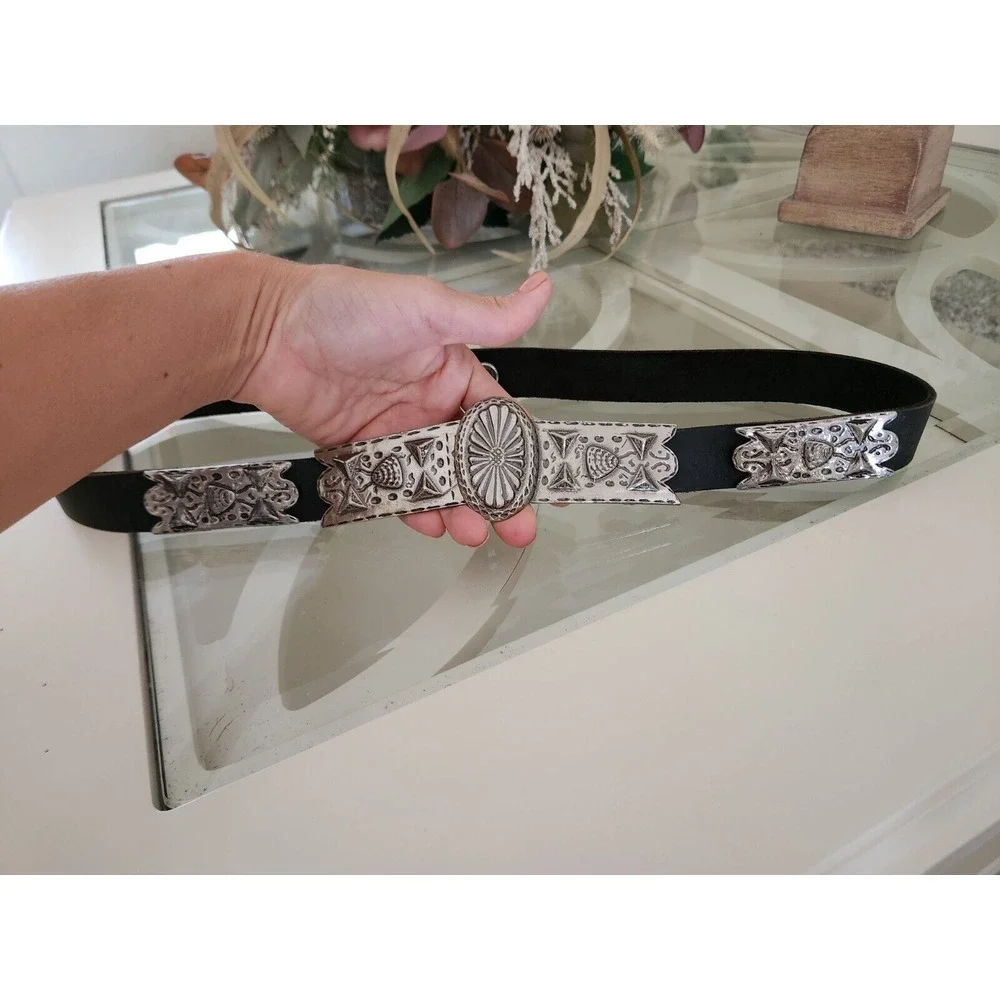 Women's buckle‎ Belt black Leather cowboy WESTERN Solid Brass Buckle Size XS/S